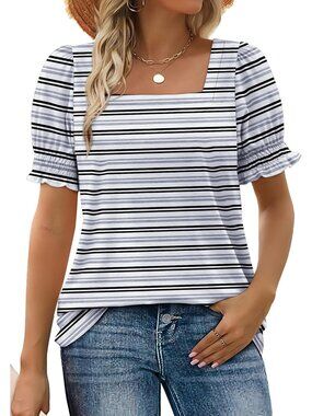 Women's 1 Stripes Black Square Neck Top Summer Casual Ruffle Trim Sleeve T Shirt
